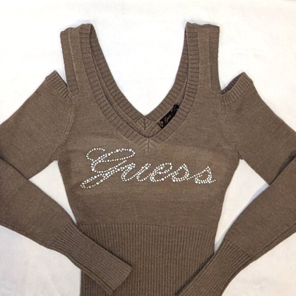 Guess | Taupe Brown Cold Shoulder Sweater Y2K Rhinestone Embellished | Medium - Picture 8 of 12